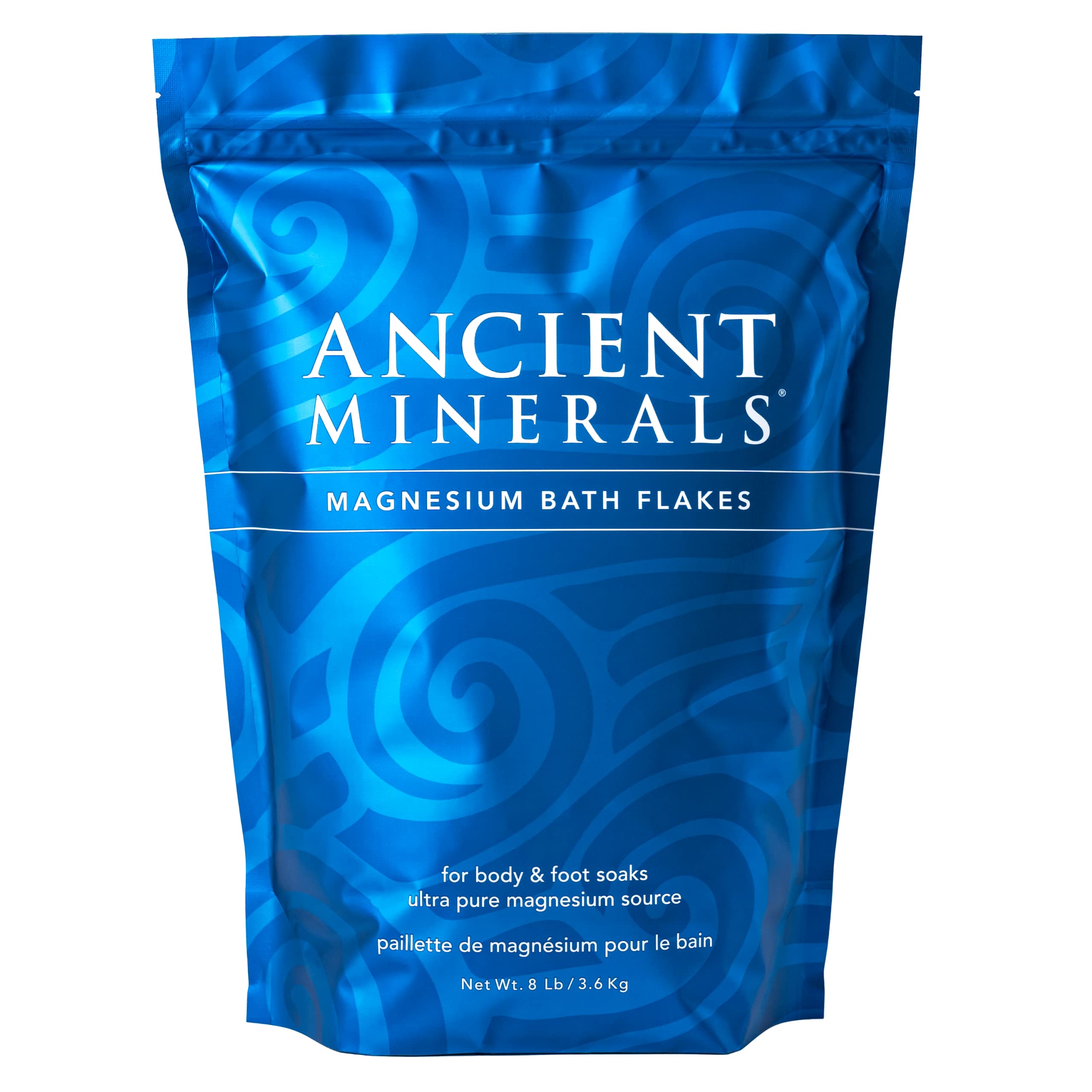 Ancient Minerals magnesium bath flakes in a bag for convenient daily soaking.