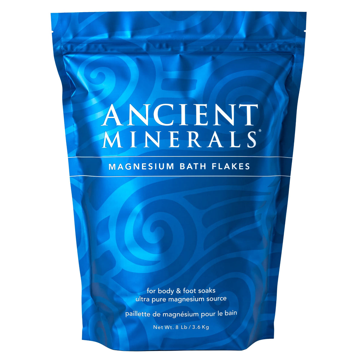 Ancient Minerals magnesium bath flakes in a bag for convenient daily soaking.