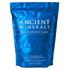 Ancient Minerals magnesium bath flakes in a bag for convenient daily soaking.