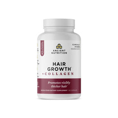 Ancient Nutrition Hair Growth bottle front showing capsules for fuller-looking hair.