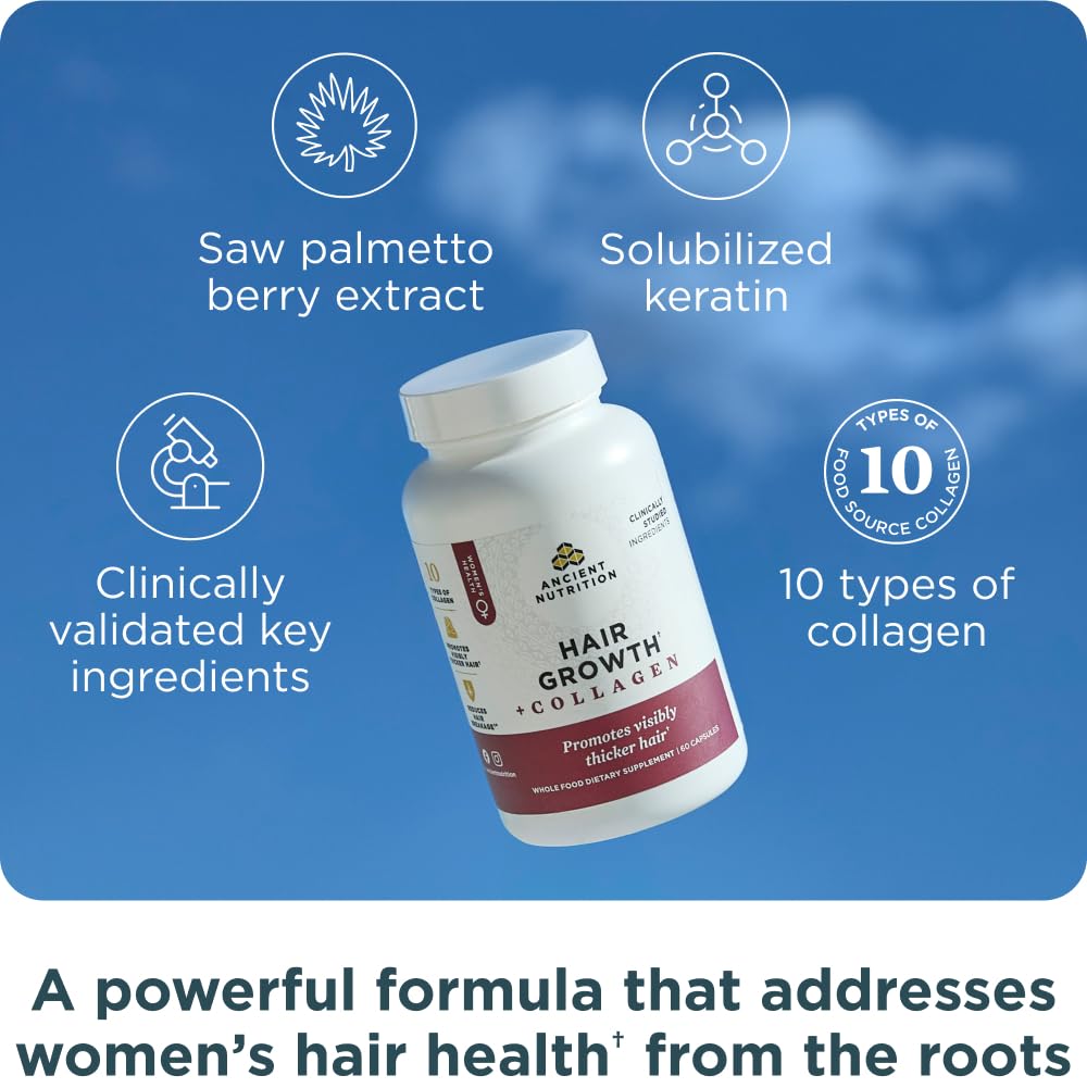 Ancient Nutrition Hair Growth capsules pour for easy daily use supporting hair health.