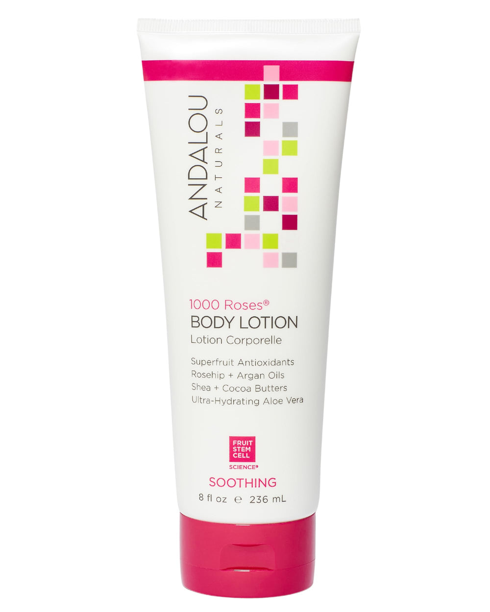 Andalou Naturals 1000 Roses lotion bottle provides hydrating skin care with rose fragrance