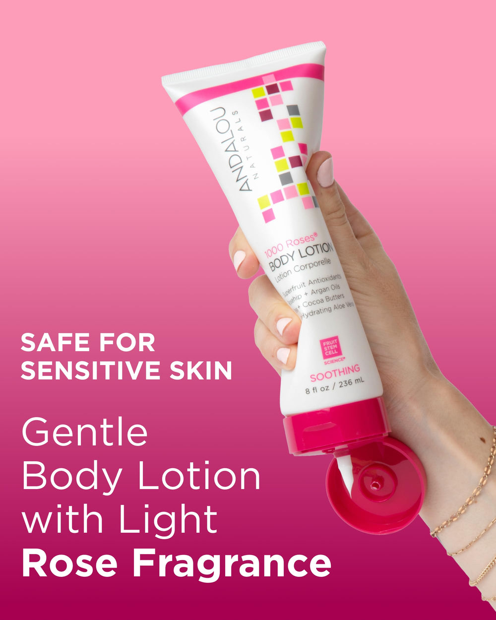 Andalou Naturals 1000 Roses lotion pump demonstrates clean, controlled dispensing