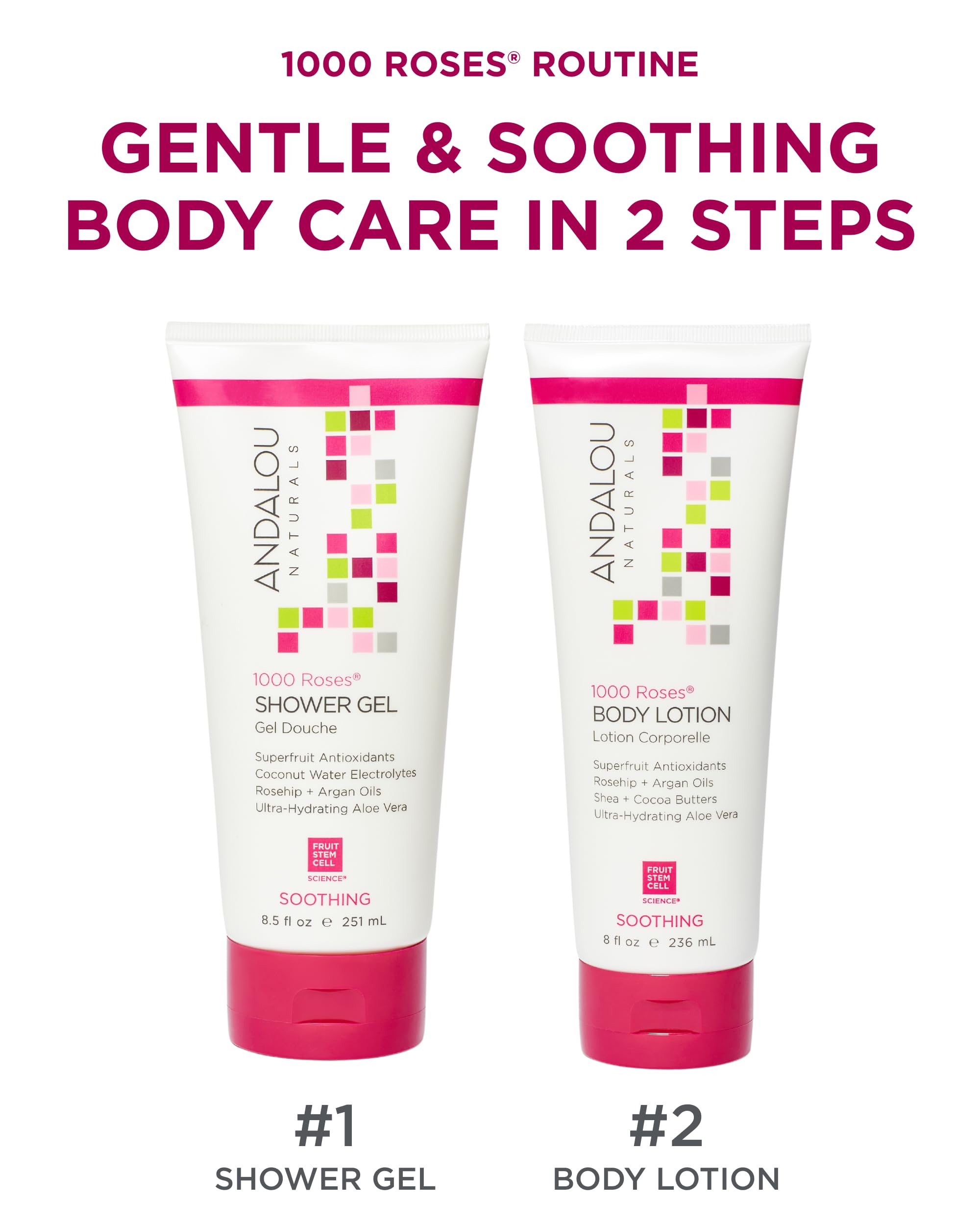 Andalou Naturals 1000 Roses lotion texture closeup highlights creamy, fast-absorbing hydration
