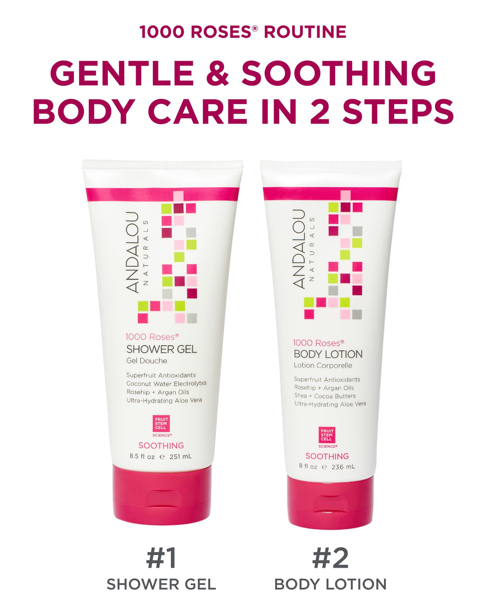 Andalou Naturals 1000 Roses lotion texture closeup highlights creamy, fast-absorbing hydration