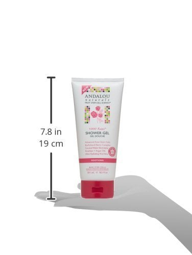 Andalou Naturals 1000 Roses shower gel ingredients graphic highlights nature-derived formula