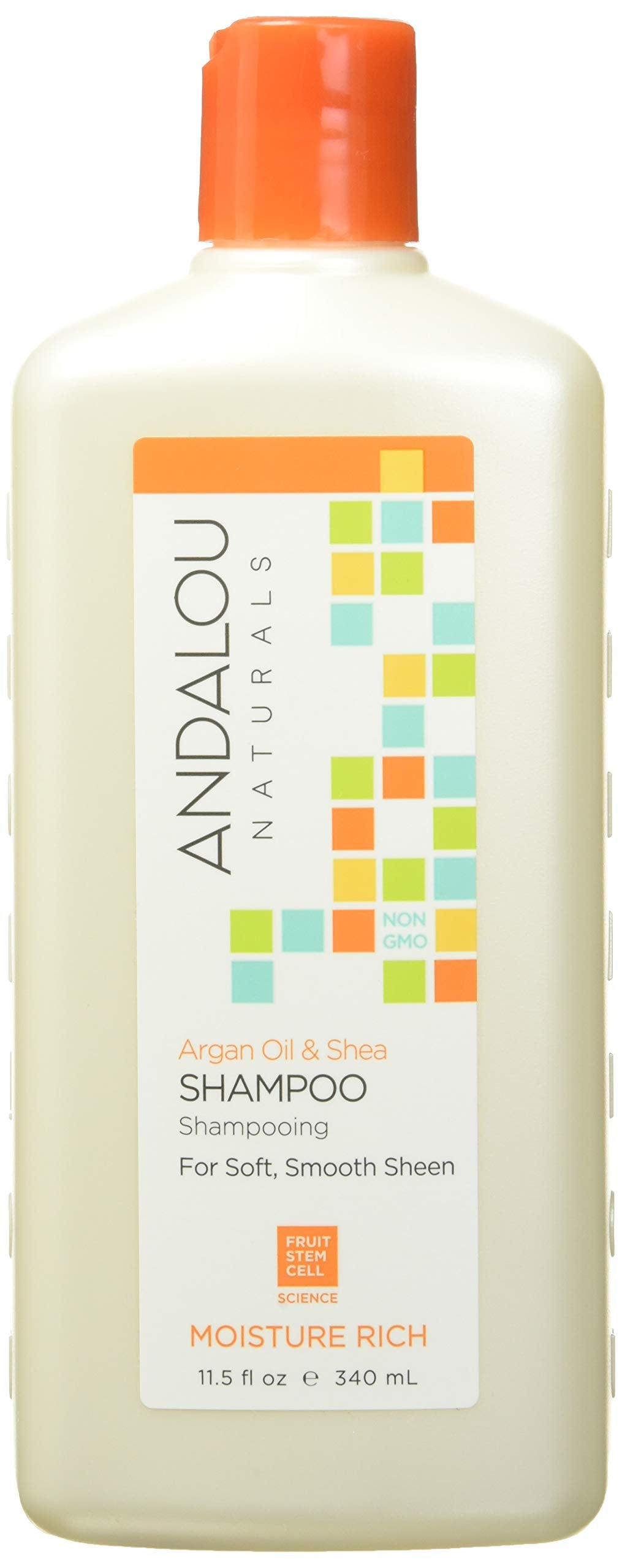 Andalou Naturals Champú Argán y Karité, botella naranja, promete limpieza suave y frescura.