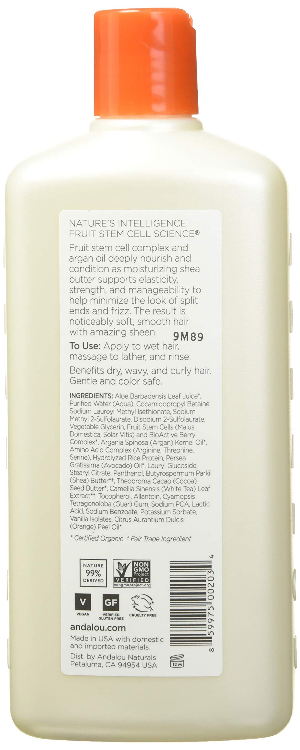 Andalou Naturals Champú Argán y Karité, espuma cremosa, aporta hidratación para cabello seco.