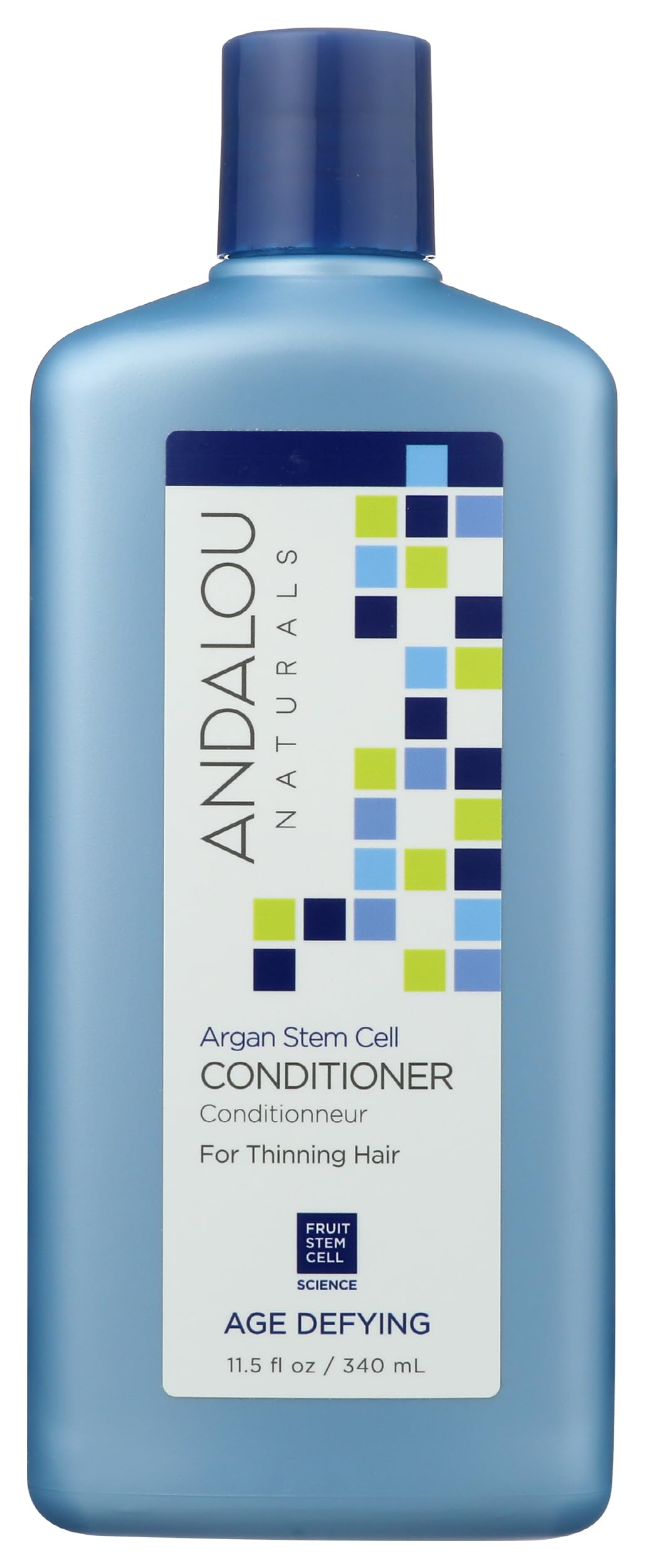 Acondicionador Andalou Naturals Argan Stem Cell, botella frontal, cabello con cuerpo y brillo.