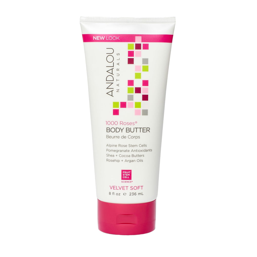 Andalou Naturals Body Butter 1000 Roses packaging for nourishing dry skin