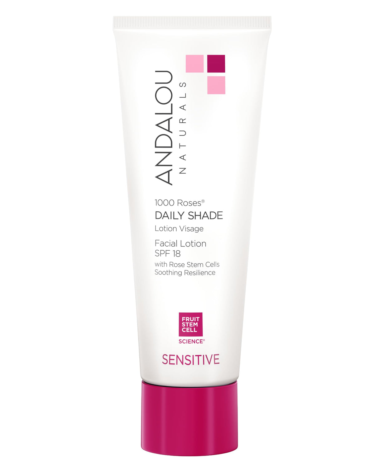 Andalou Naturals botella Daily Shade Sensitive Rose Stem Cells lista para cuidado facial diario.