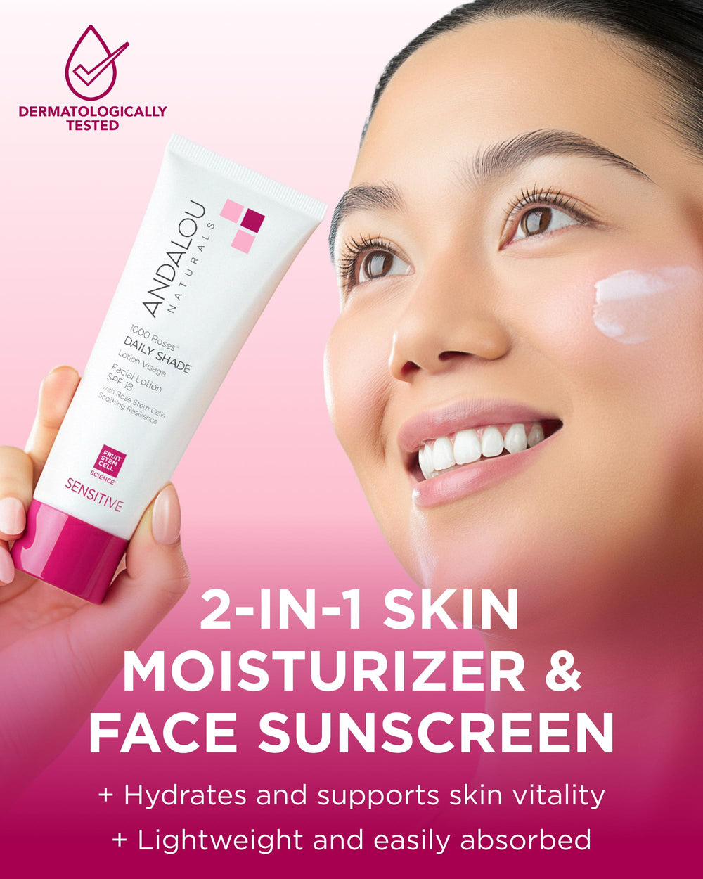 Células de rosa de Andalou Naturals para piel sensible con hidratación suave.