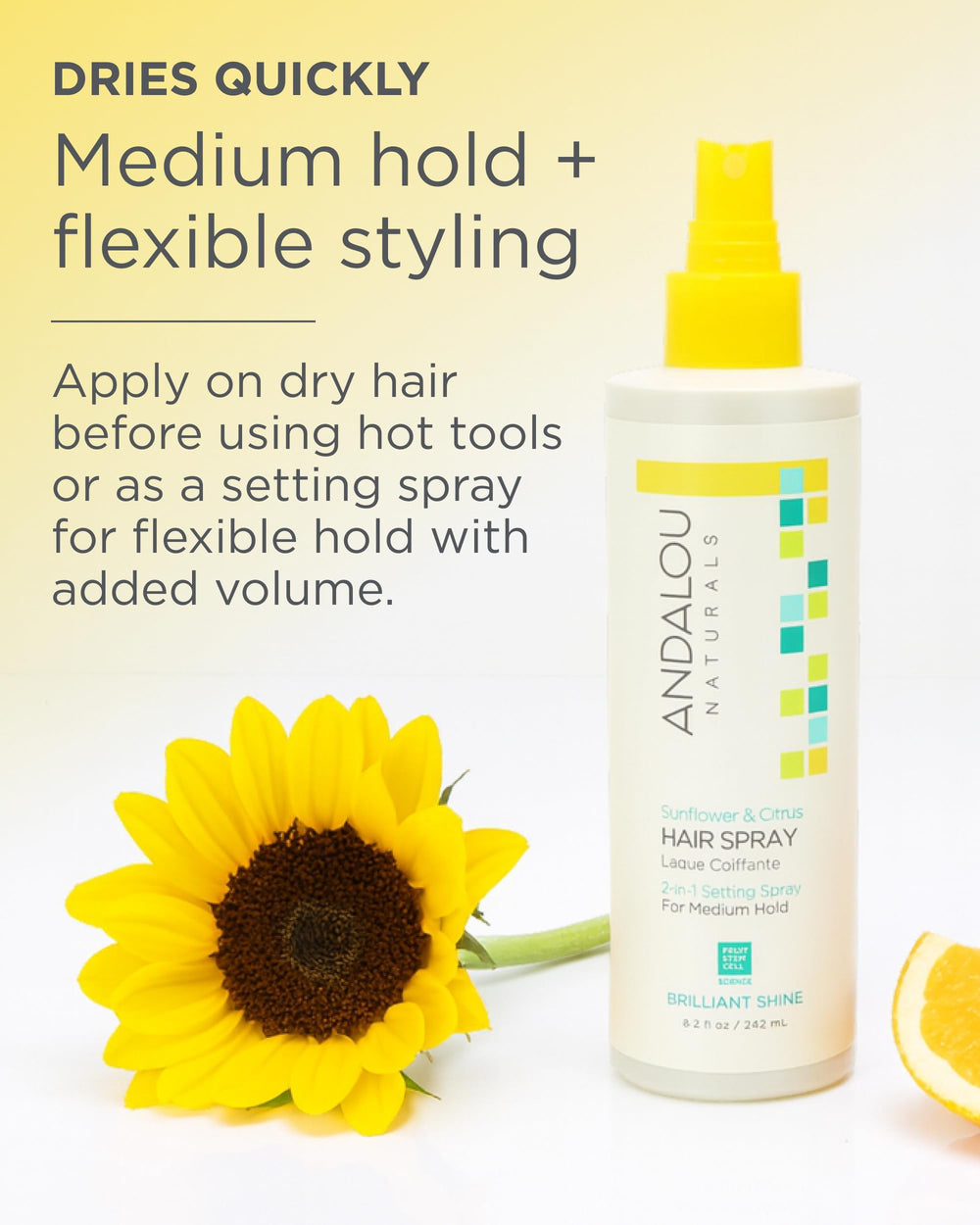 Andalou Naturals ciencia de células de fruta aporta brillo y vitalidad al cabello.