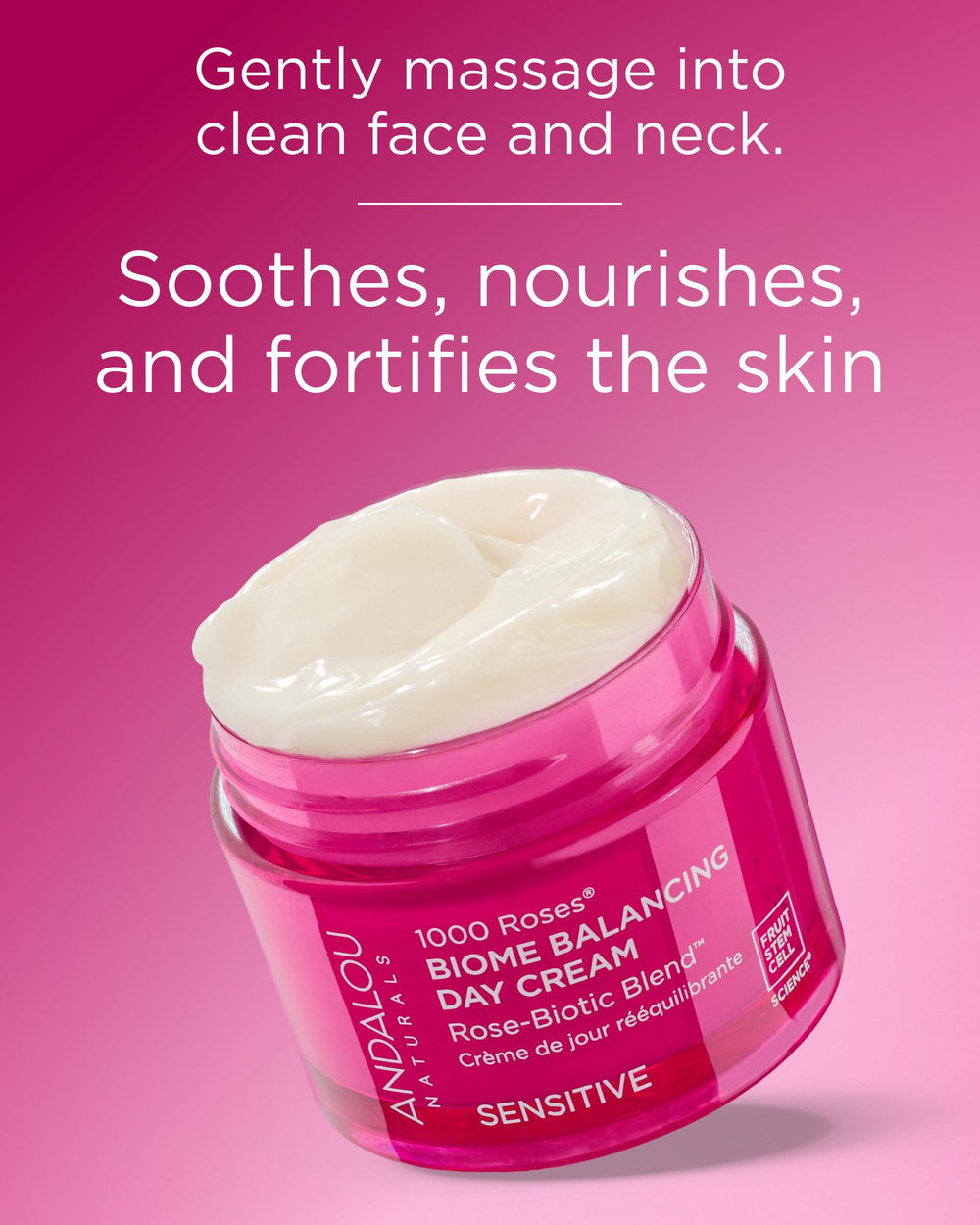 Andalou Naturals Crema Día Biome Equilibrante aroma suave de rosas para experiencia sensorial.