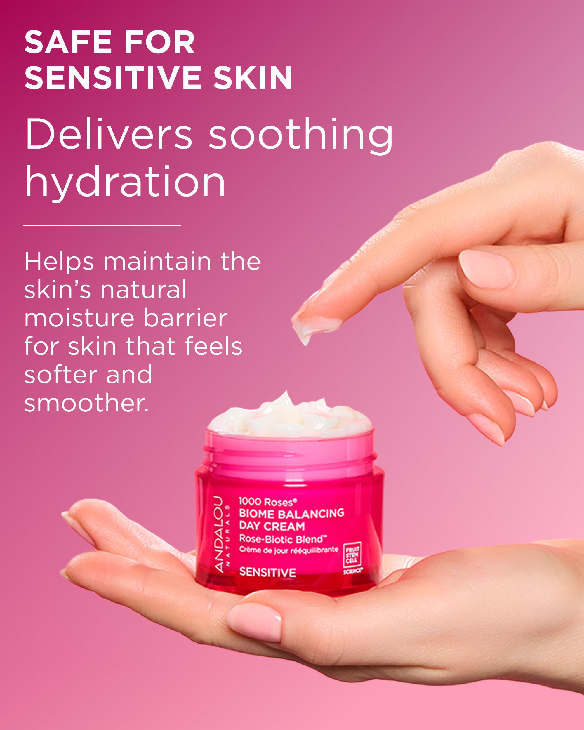 Andalou Naturals Crema Día Biome Equilibrante rosa centifolia extra suave textura.
