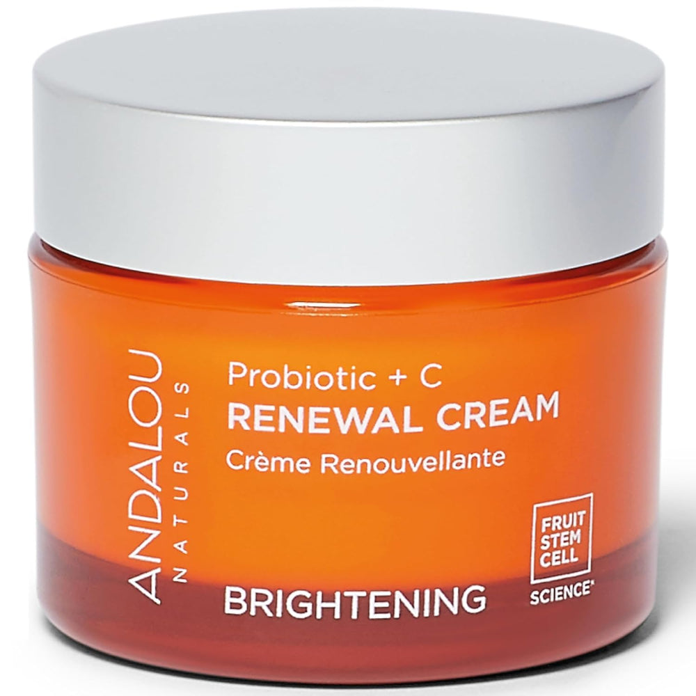 Andalou Naturals crema probiótica vitamina C, frasco; hidratación ligera para piel radiante.