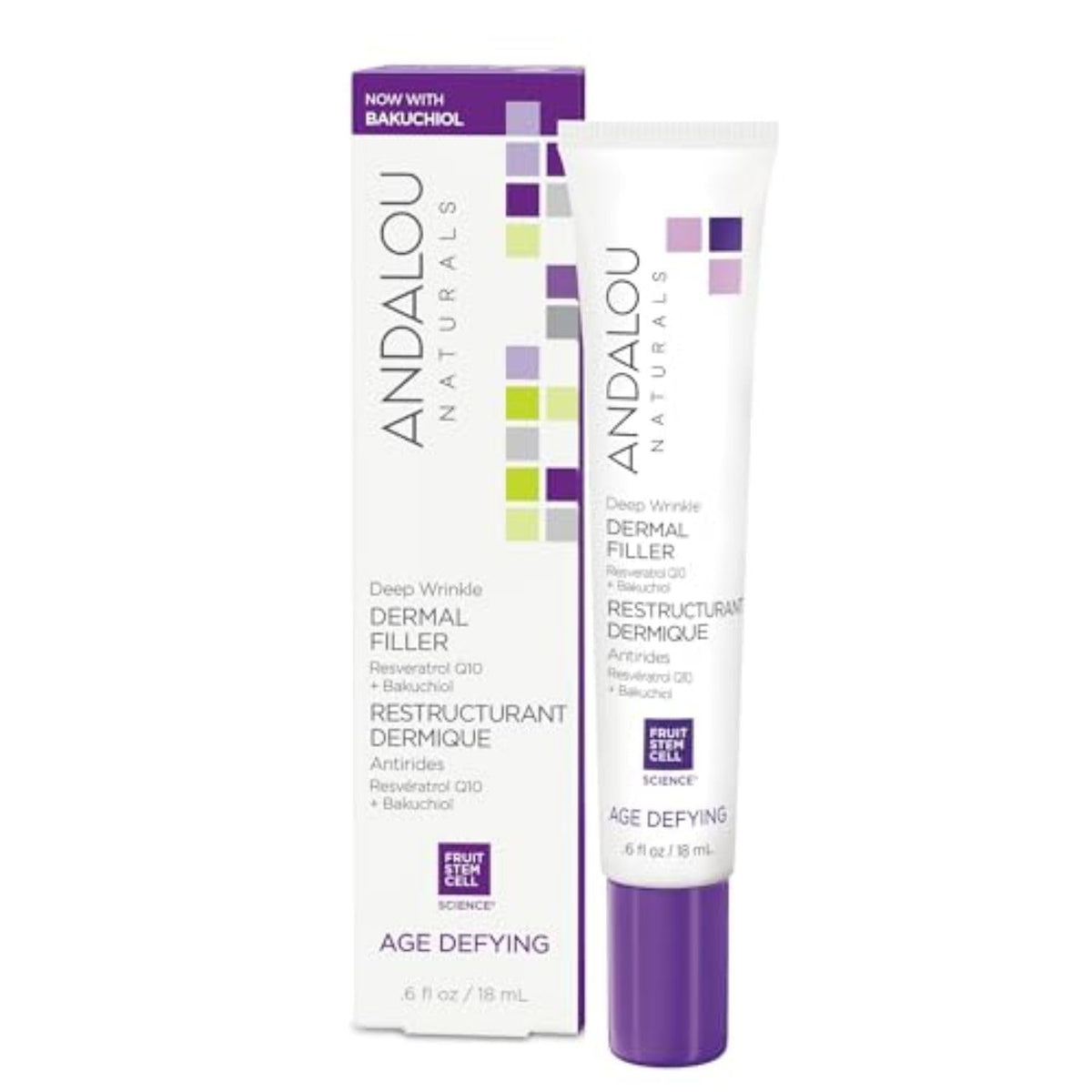 Envase de Andalou Naturals Deep Wrinkle Dermal Filler ayuda a suavizar líneas finas