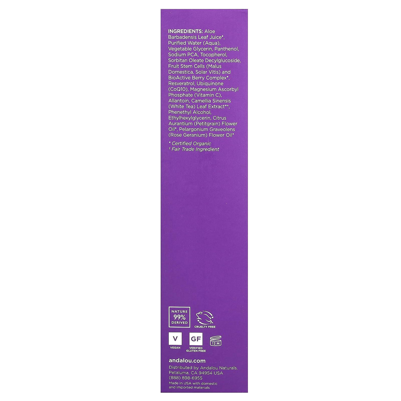 Ingredientes naturales 98% de Andalou Naturals, vegano y libre de gluten.