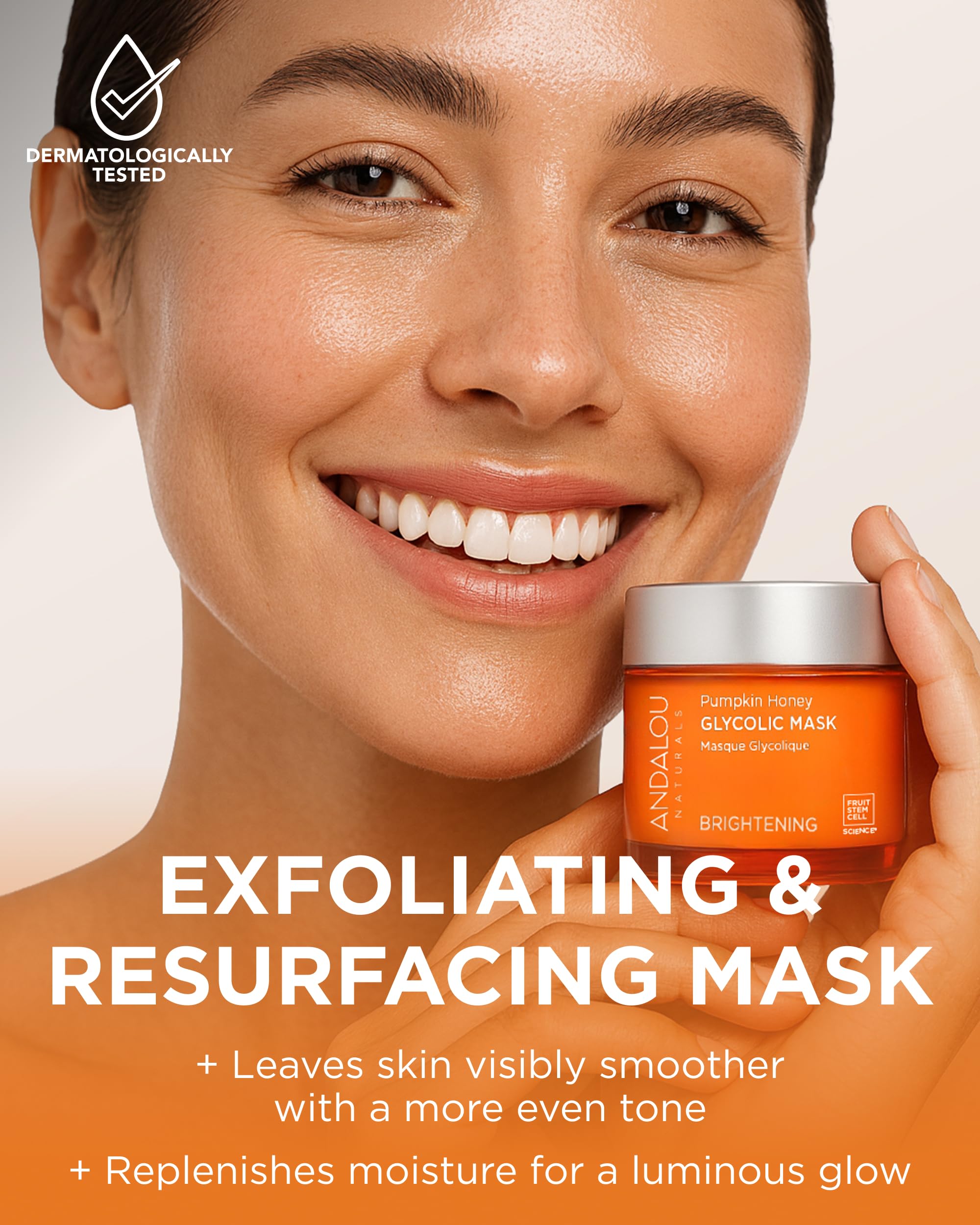 Andalou Naturals Mask Brghtng Pmpkn Glylc etiqueta con ingredientes clave para exfoliación suave