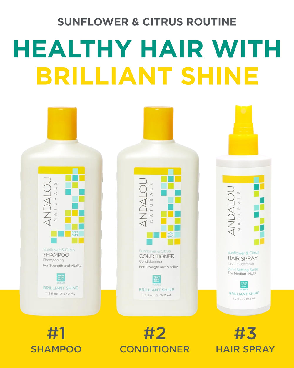 Andalou Naturals secado rápido sin residuo, acabado ligero para peinados diarios.