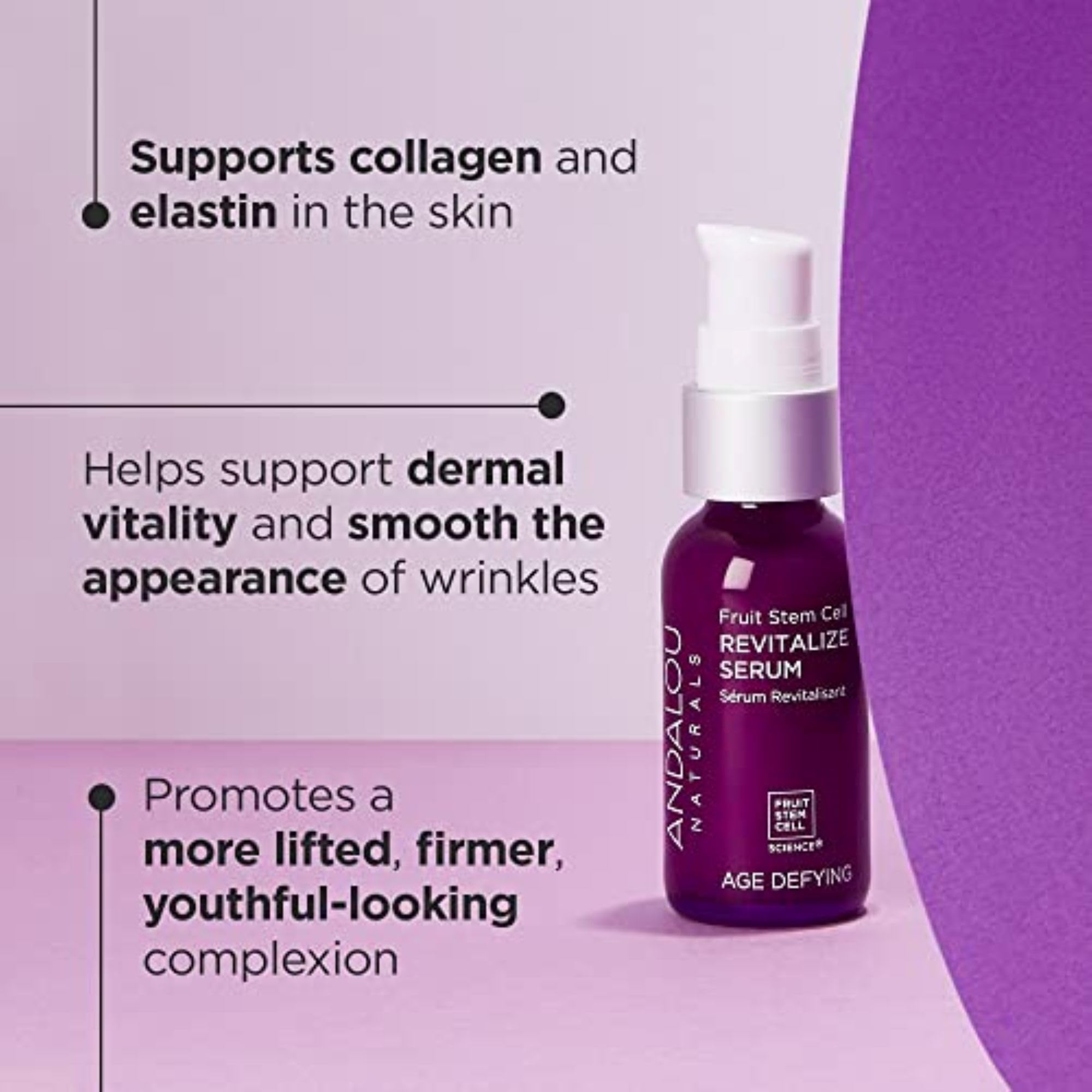 Andalou Naturals Suero revitalizante con extractos de frutos para aplicación diaria en rostro, mejora tono y textura.