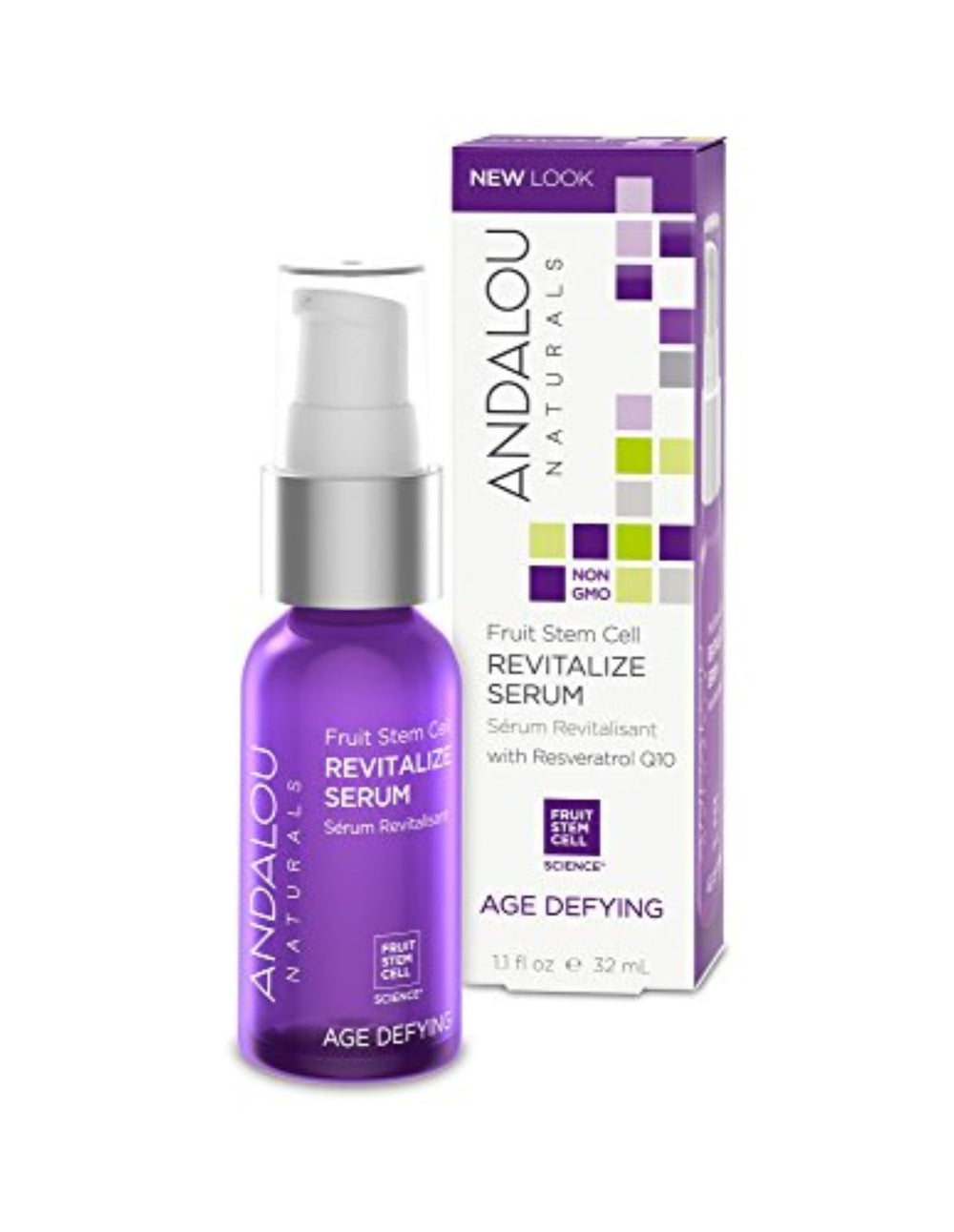 Andalou Naturals Suero revitalizante con extractos de frutos en botella, ideal para hidratación diaria suave facial y luminosidad.