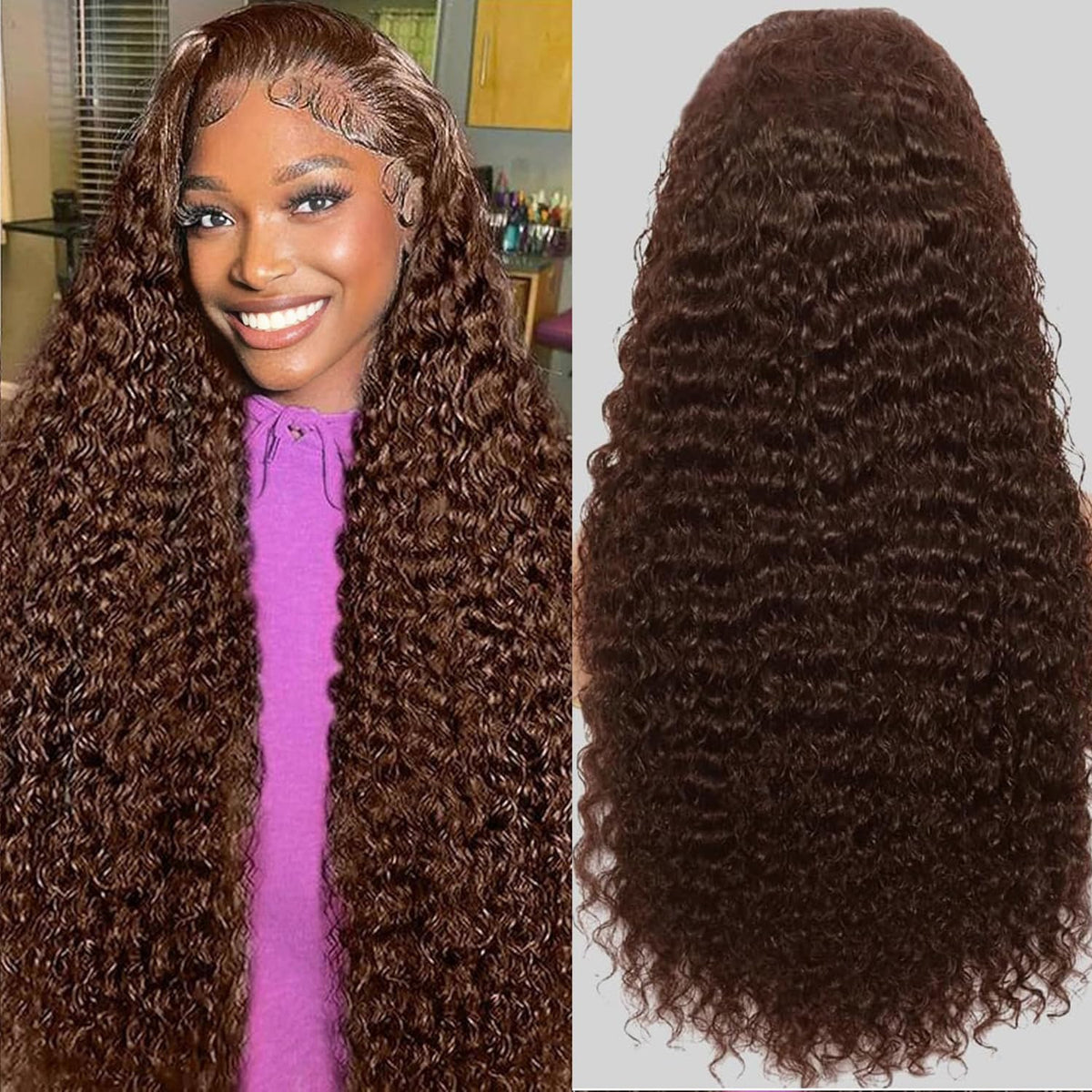 Anderah 30-inch chocolate brown deep wave lace front wig on model with natural hairline
