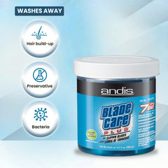 Andis Blade Care Plus jar back label describes seven in one benefits for blades