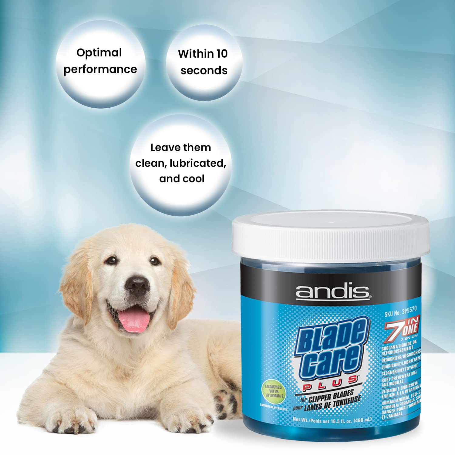 Andis Blade Care Plus jar demonstrating submerged blade in solution