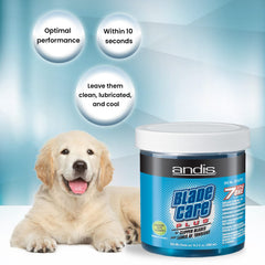 Andis Blade Care Plus jar demonstrating submerged blade in solution