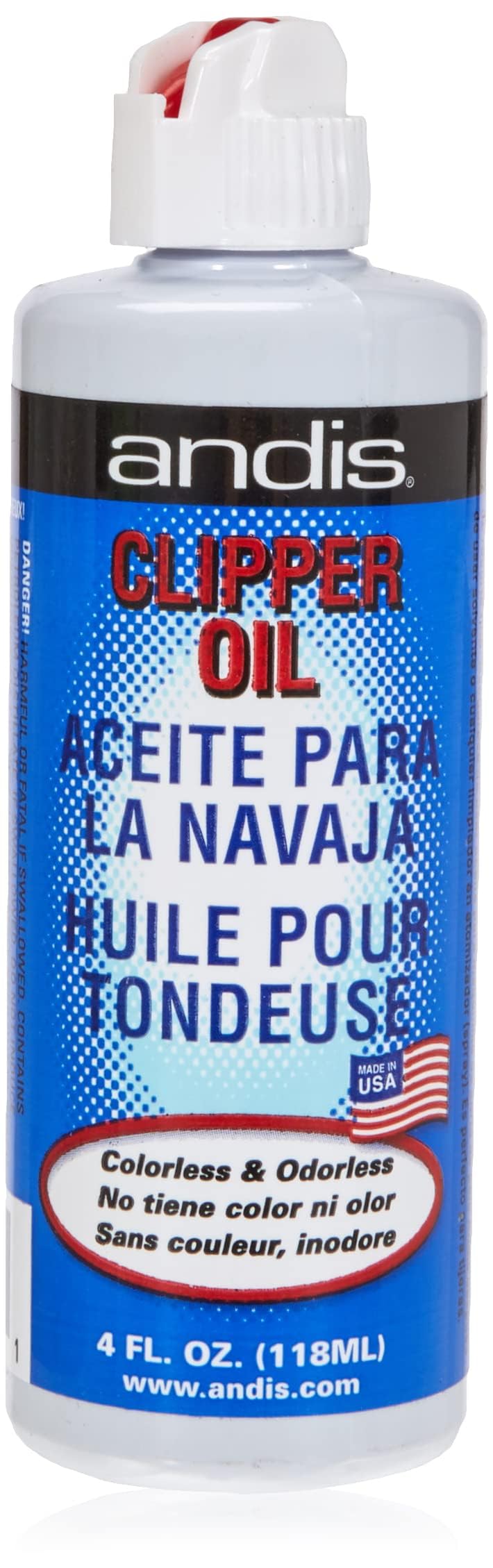 Andis Clipper Oil 4oz bottle for smooth blades and easy maintenance.