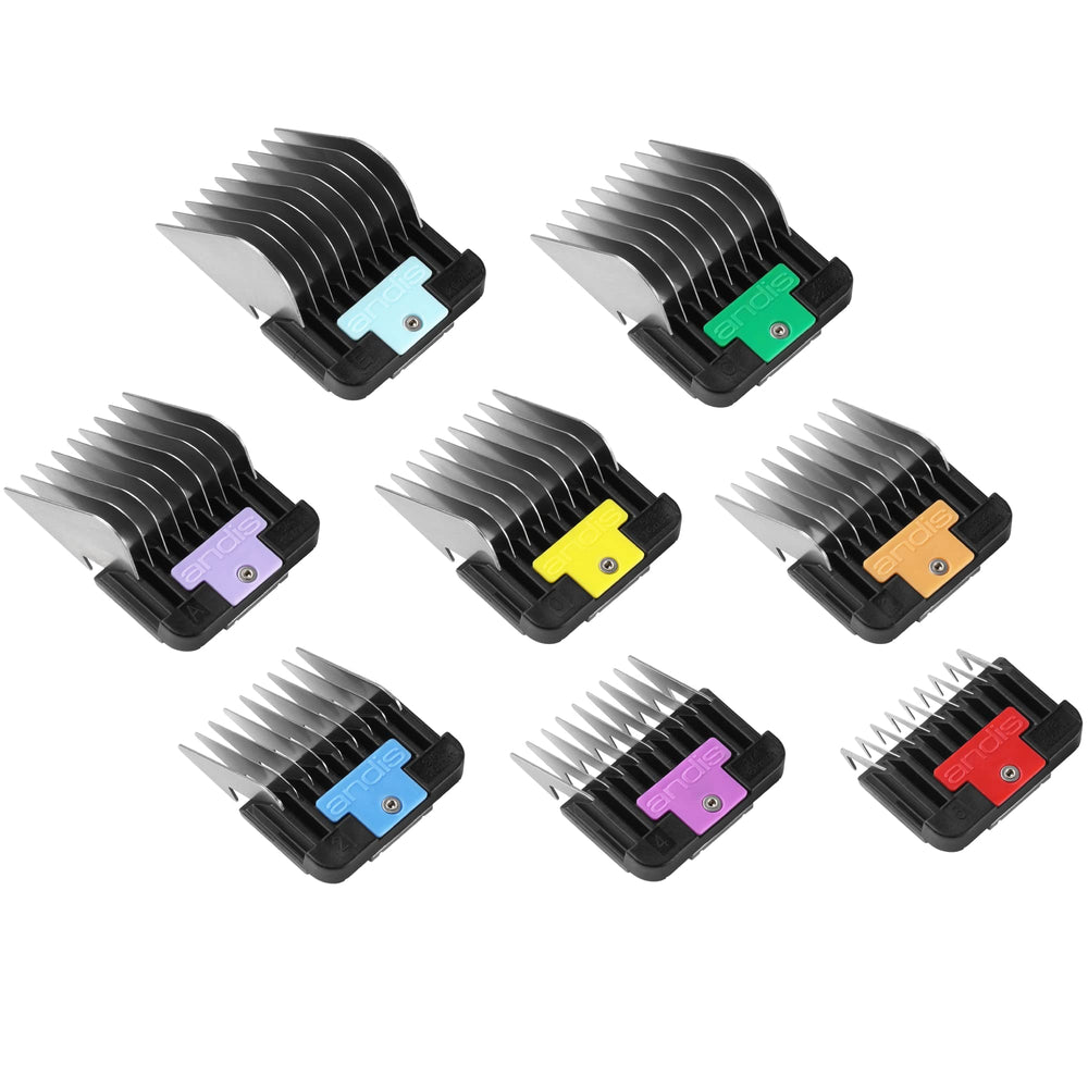 Andis color-coded combs for fast identification during cuts.