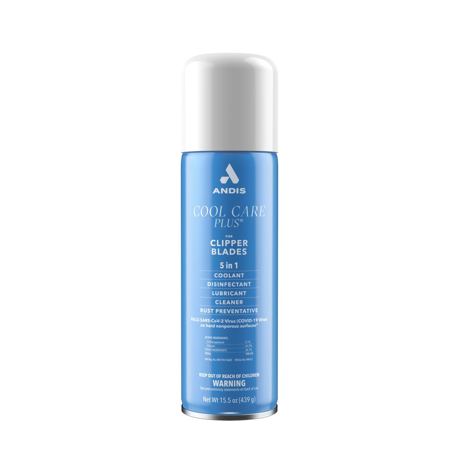 Andis Cool Care Plus 15.5 oz aerosol for blades, six-pack, easy maintenance.