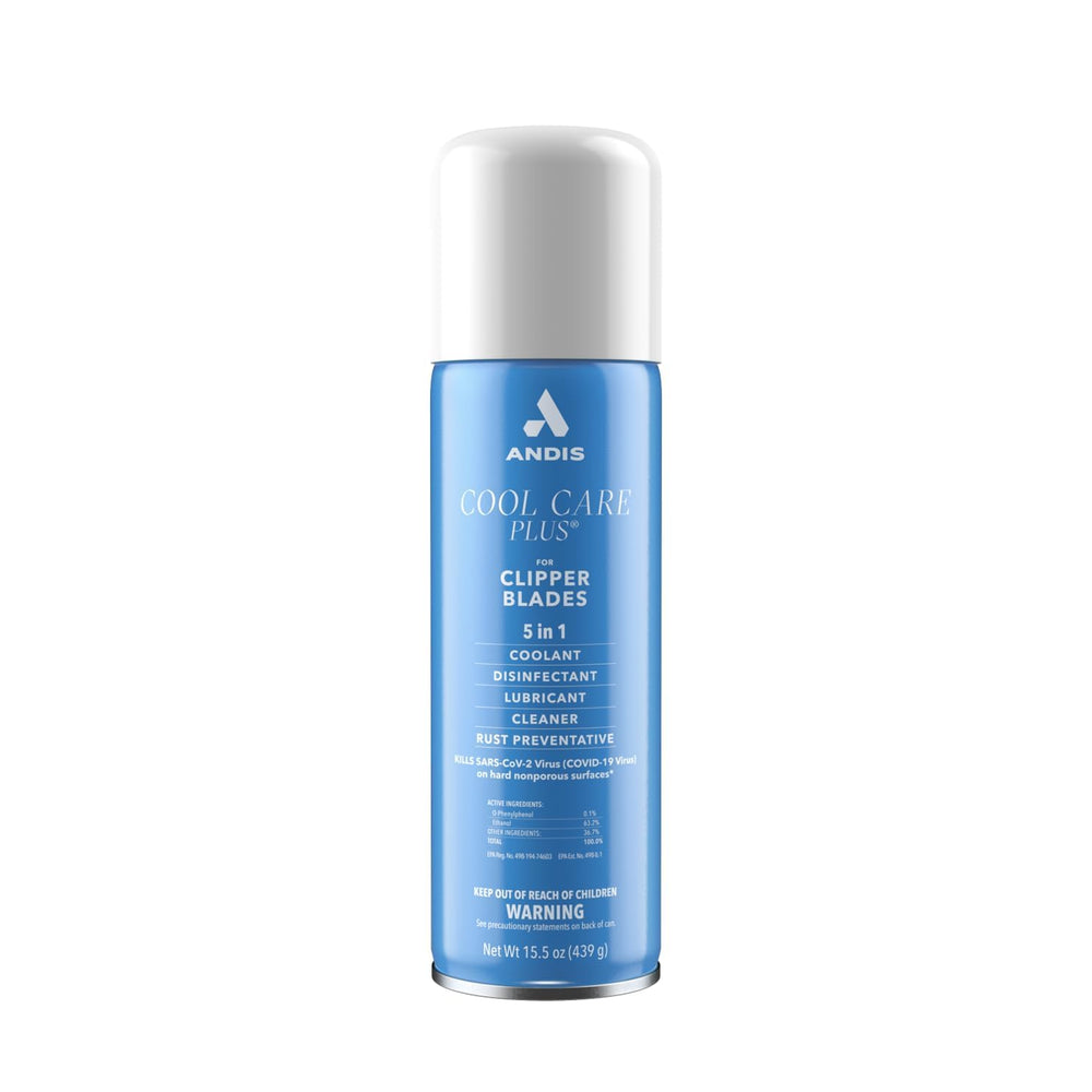 Andis Cool Care Plus 15.5 oz aerosol for blades, six-pack, easy maintenance.