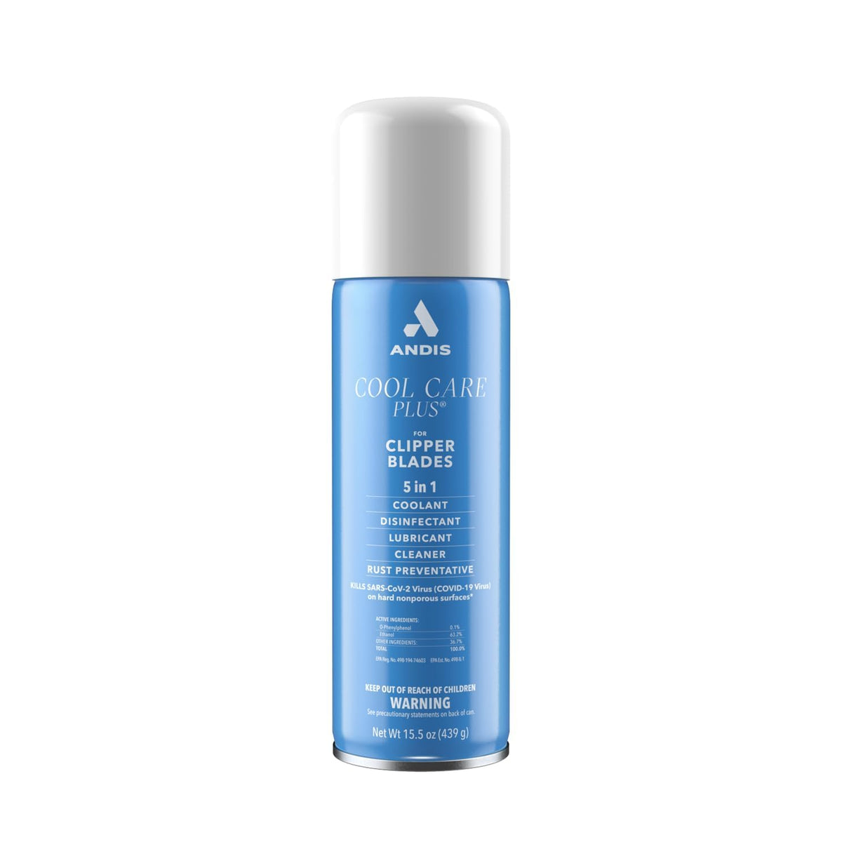 Andis Cool Care Plus 15.5 oz aerosol for blades, six-pack, easy maintenance.