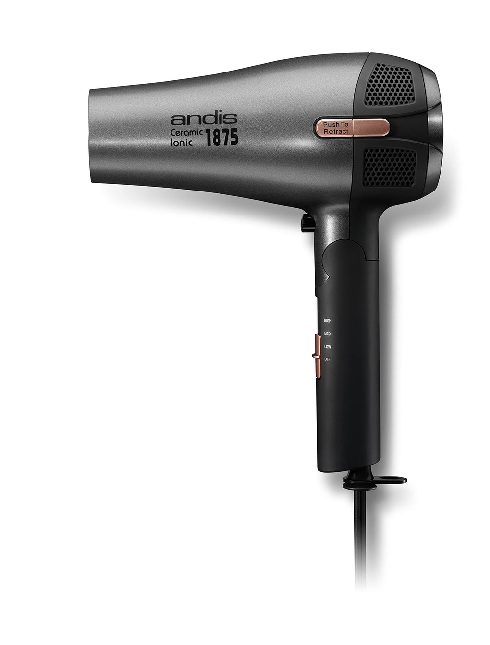 Andis Fold-n-go dryer with folding handle for easy travel and compact storage.
