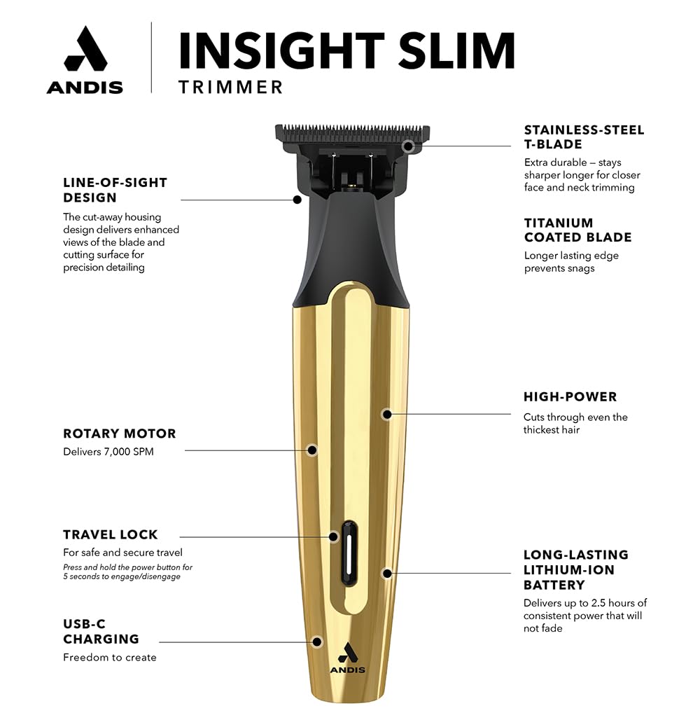 Andis Insight Slim travel lock helps secure settings while traveling.