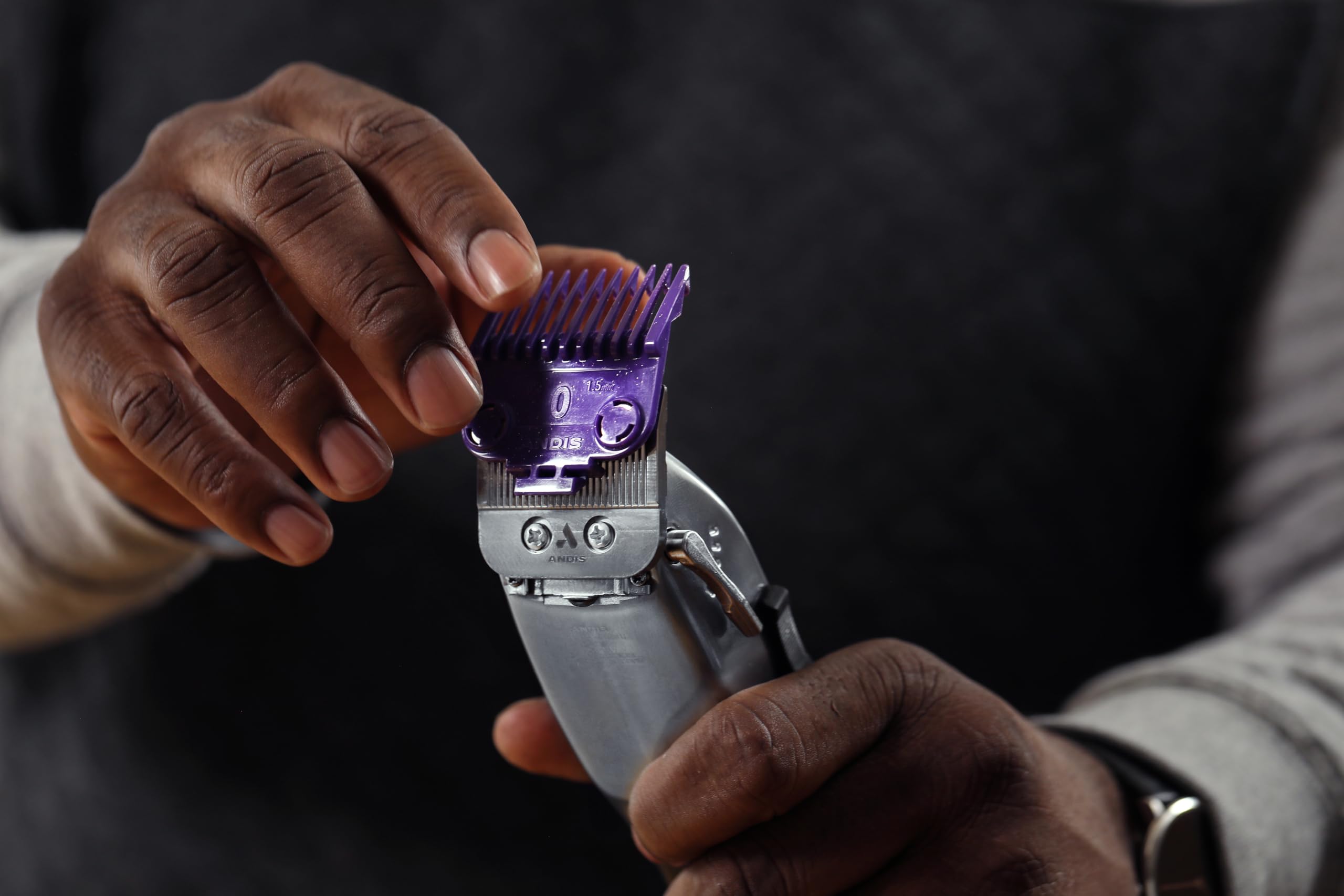 Andis Master dual magnetic attachment set purple secures clippers during styling
