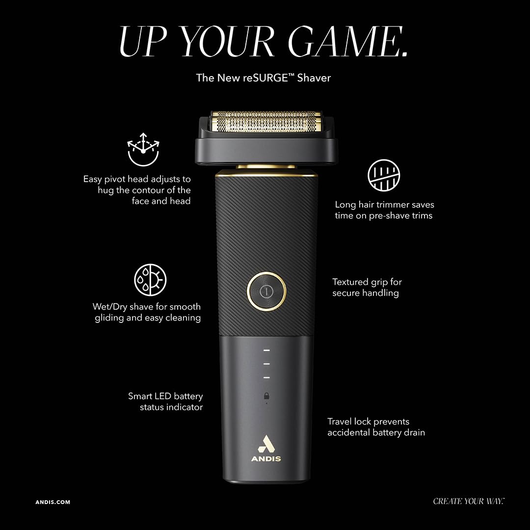 Andis reSURGE long hair trimmer aids prep and shaping.