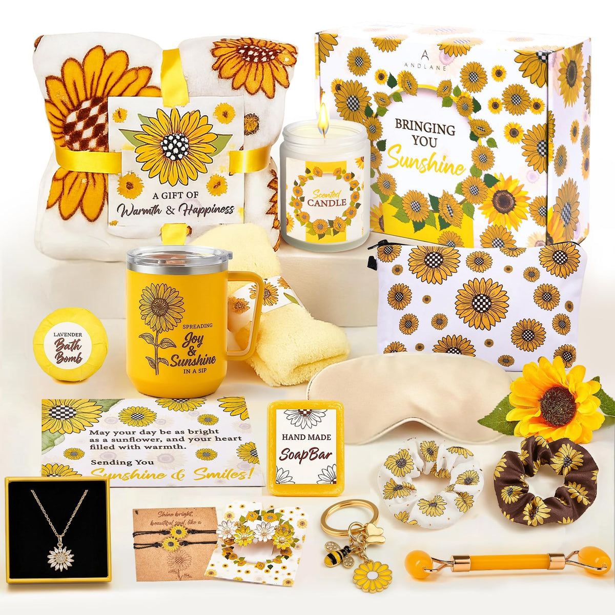 Andlane sunflower gift box inside showcases curated pieces for a thoughtful birthday surprise.