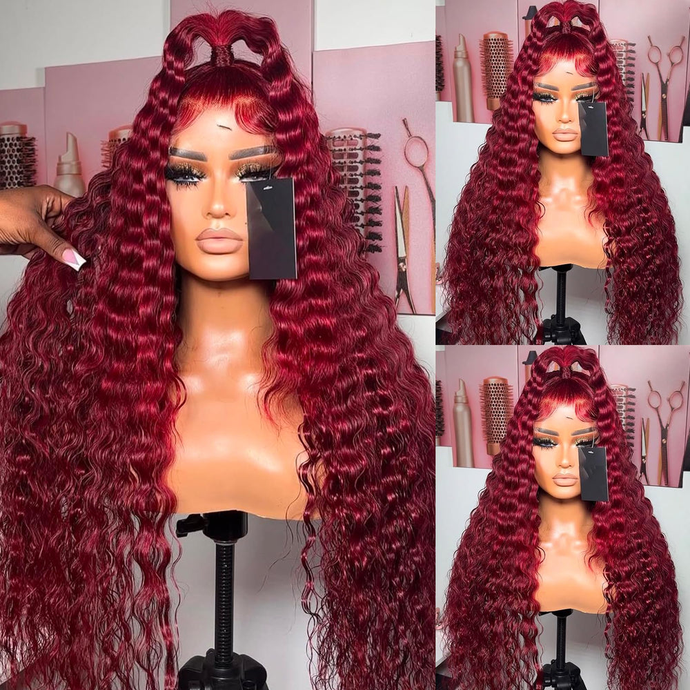 ANDRIA wine red deep wave wig, 26 inches with pre-plucked baby hairs for quick styling.