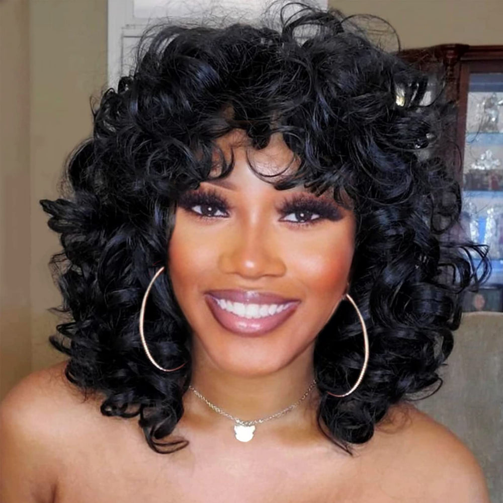 Andromeda curly wig with soft black bangs for everyday natural styling