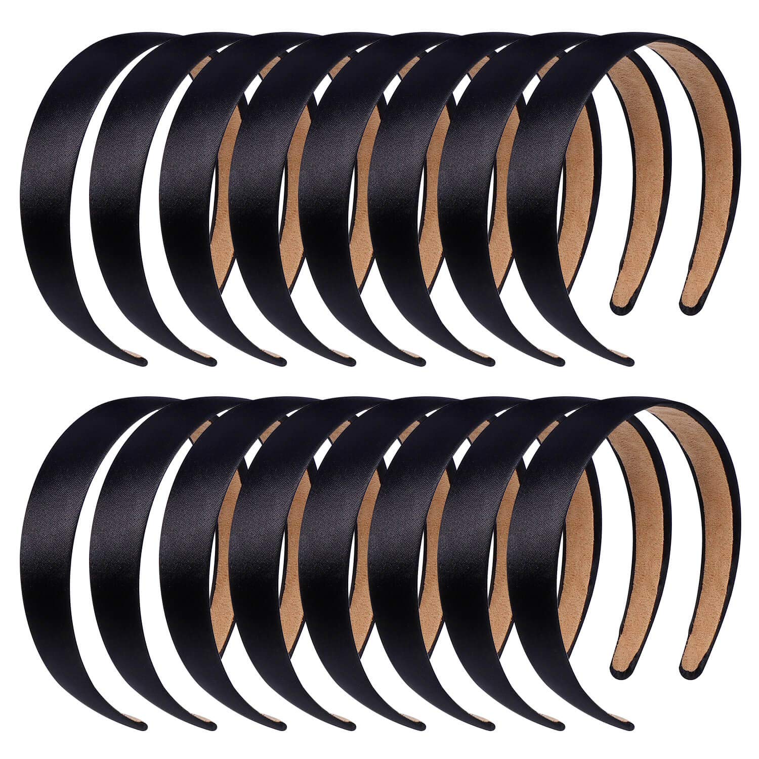Anezus 16pcs satin headbands with a smooth black finish for comfortable daily wear.