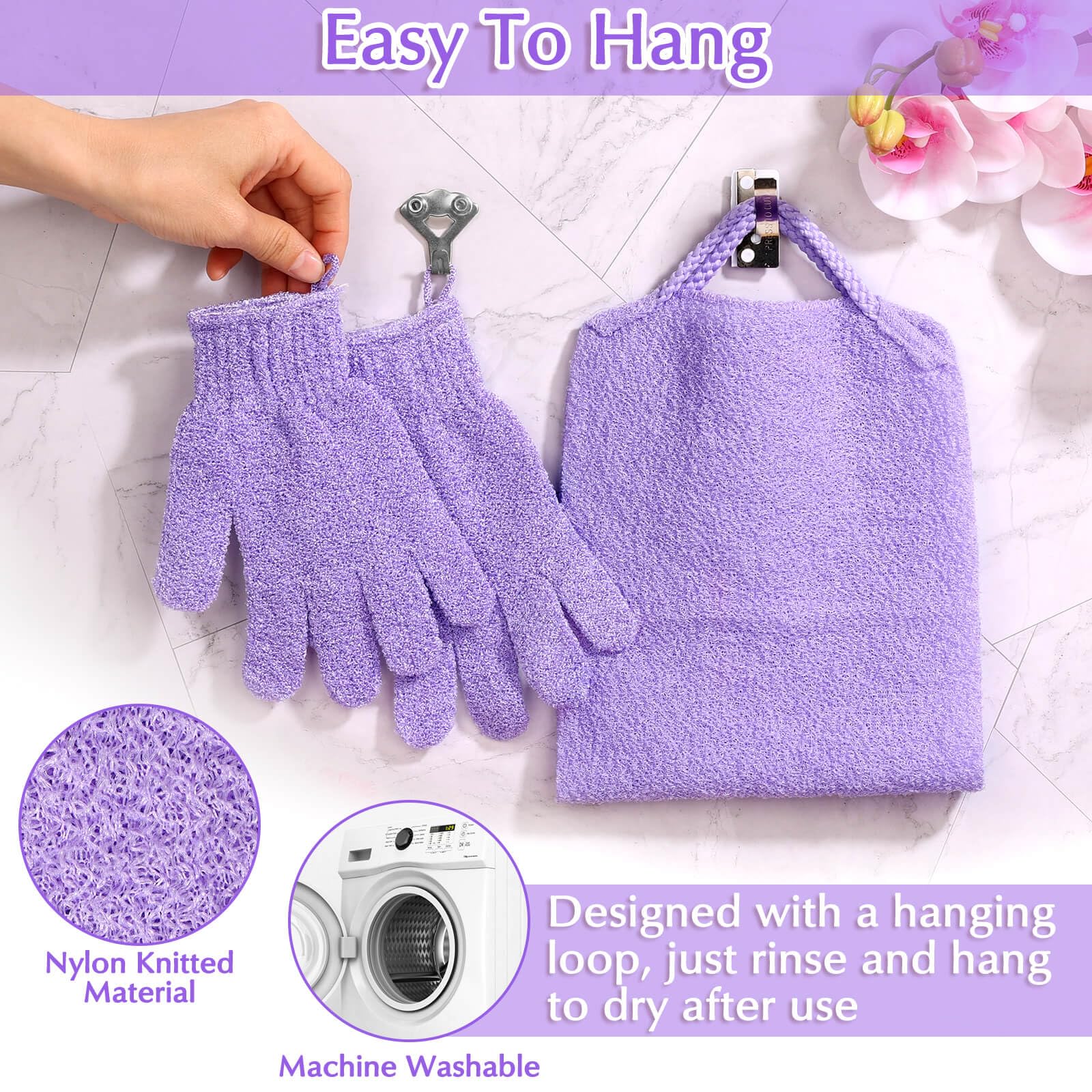 Set morado Anezus para exfoliar brazos, piernas, torso y espalda.