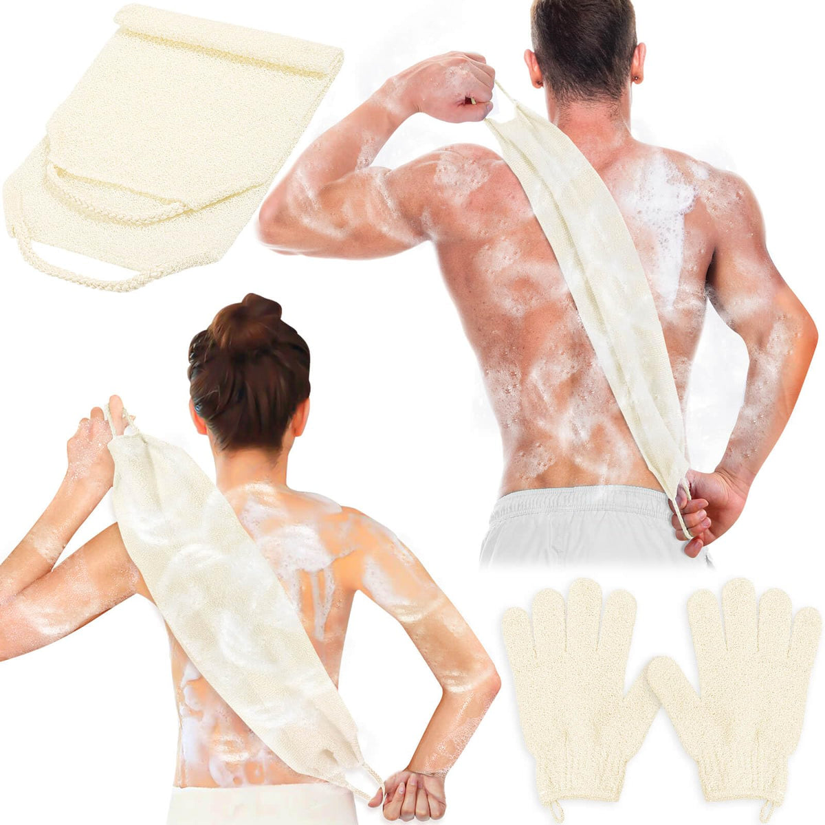 Anezus set exfoliante de espalda y guantes beige para exfoliar suavemente la piel