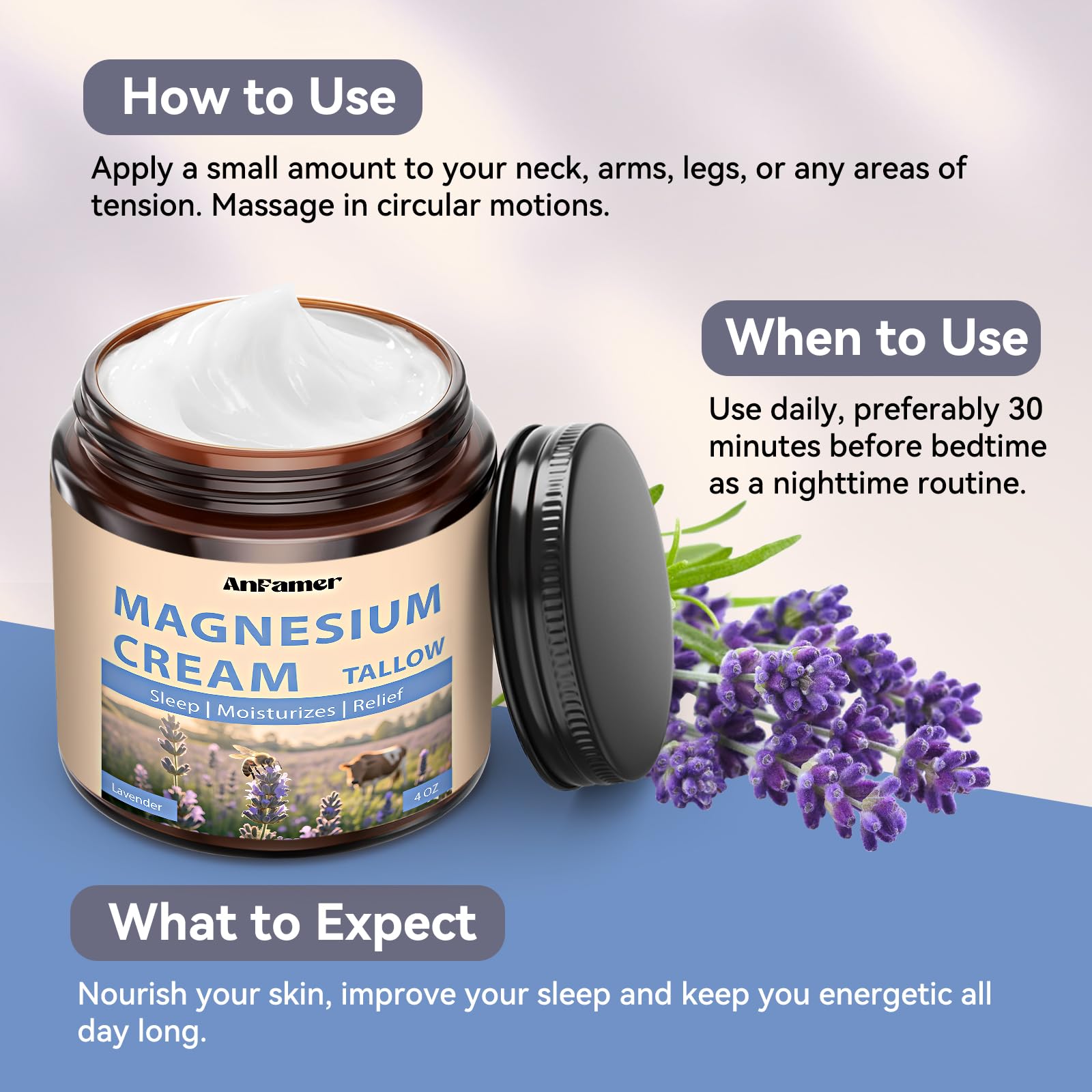 AnFamer crema de magnesio apta para toda la familia, cuidado suave.
