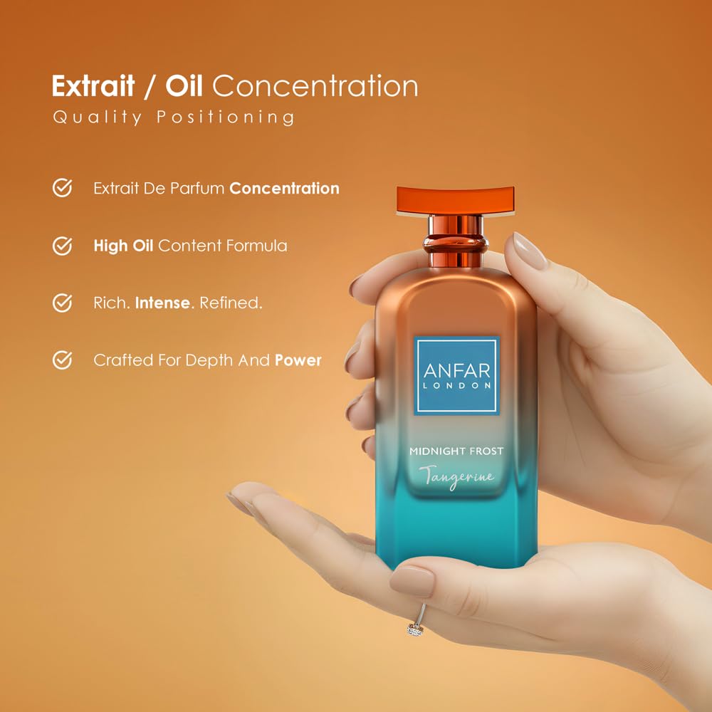 Amber-musk base scene of Midnight Frost Tangerine, rich, lingering warmth from ANFAR LONDON.