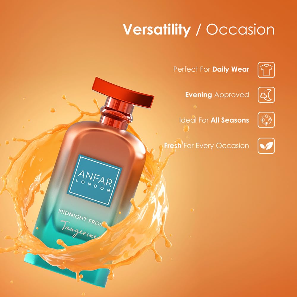 Misted spray shot of ANFAR LONDON Midnight Frost Tangerine, citrus freshness for day-to-night transition.