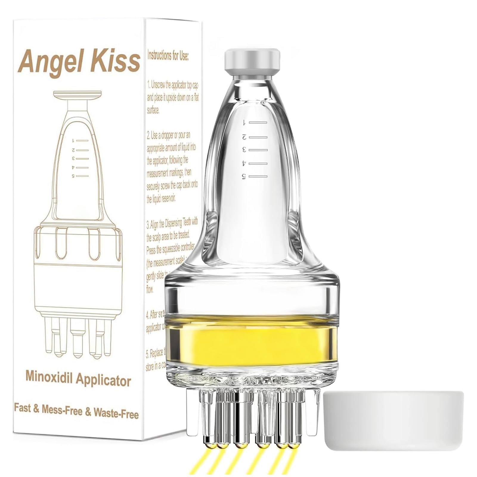 Angel Kiss Minoxidil: aplicador compacto para entrega precisa en las raíces.