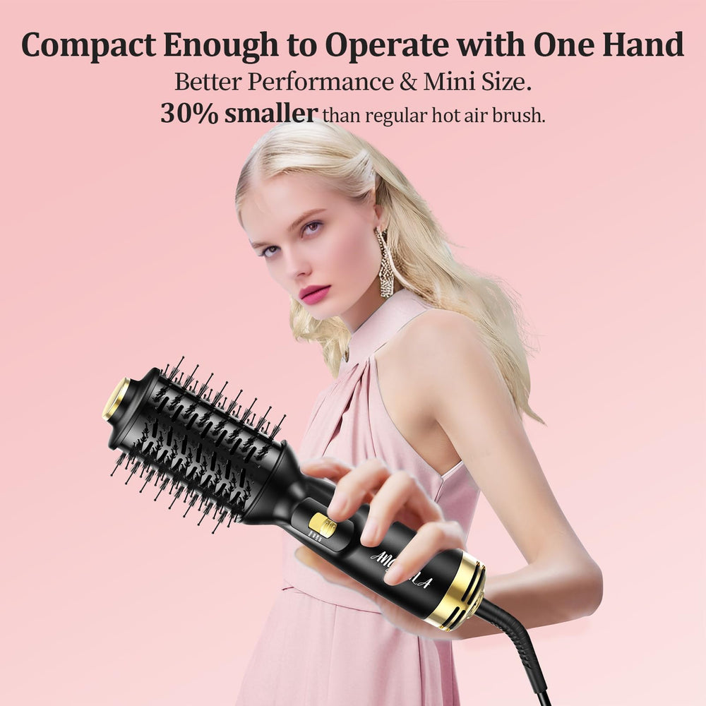 ANGILALA dual voltage mini hair dryer brush with UK adapter for global use.